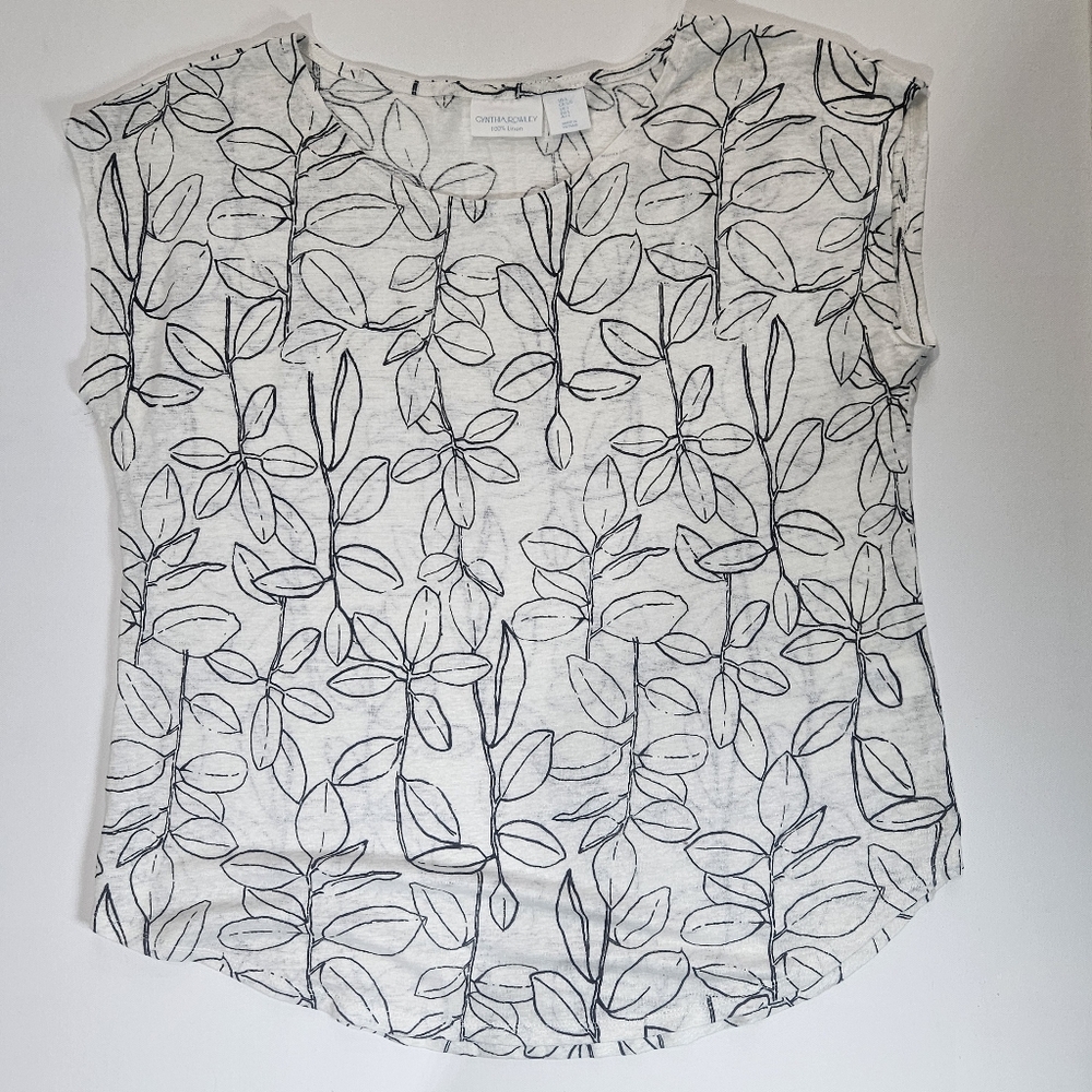 Cynthia Rowley Linen Blouse Womens Size Large White Floral Cap Sleeve Resortwear